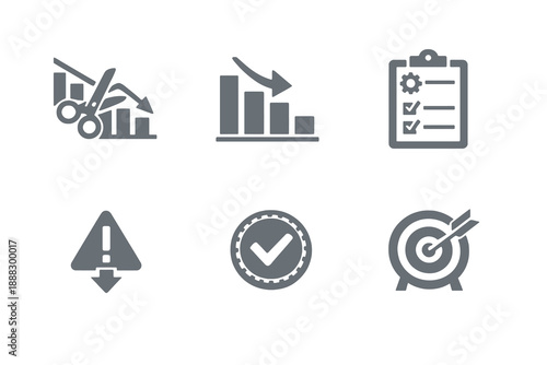 Cost reduction icon set showing expense optimization, savings strategy, and budget efficiency. Monochrome vector icons for finance dashboards, SaaS tools, and business platforms.