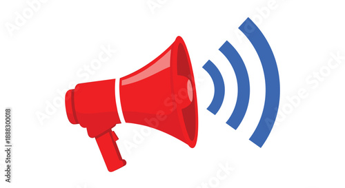 A bright red megaphone with a white stripe and black handle, emitting blue sound waves, symbolizing communication, announcement, and public address in a clea...