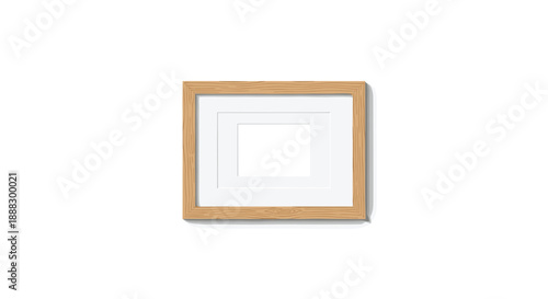A simple, modern wooden picture frame with a white mat and an empty rectangular opening, casting a subtle shadow on a white background, ideal for displaying ...
