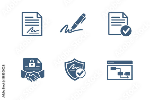 Monochromatic e-signature icons illustrating online contracts and digital approval processes. Clean flat vector symbols ideal for SaaS platforms, compliance tools, and UI design.