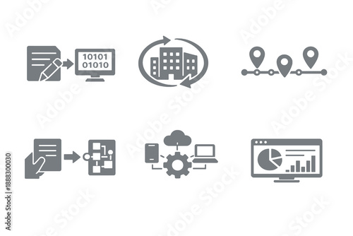 Digital transformation icon set showing business innovation, process modernization, and digital change. Monochrome vector icons for dashboards, SaaS platforms, and enterprise tools.