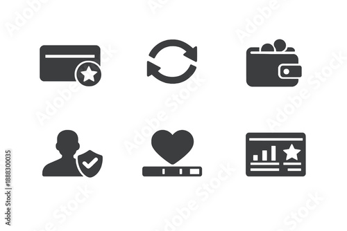 Monochromatic loyalty icons illustrating customer engagement and retention strategy. Clean flat vector symbols ideal for marketing analytics, reports, and UI design.