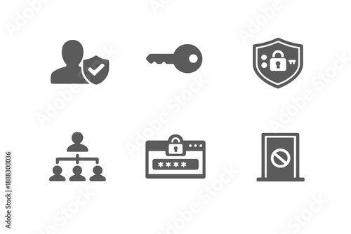 Monochromatic IAM icons illustrating authentication systems and access security workflows. Clean flat vector symbols ideal for enterprise security tools, analytics platforms, and UI design.