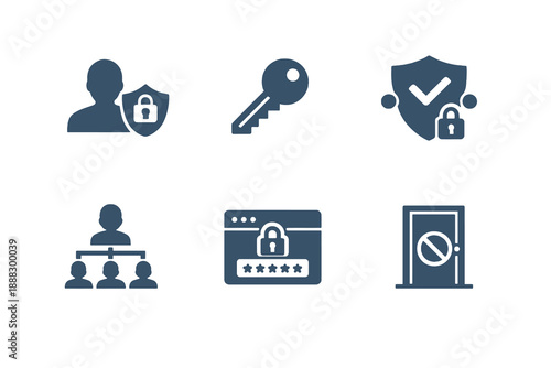Identity management icon set showing secure access control, authentication, and user permissions. Monochrome vector icons for security dashboards, SaaS tools, and web platforms.
