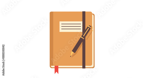 A closed notebook with a pen tucked into its elastic band, featuring a simple cover and a bookmark, symbolizing writing, journaling, and note-taking.