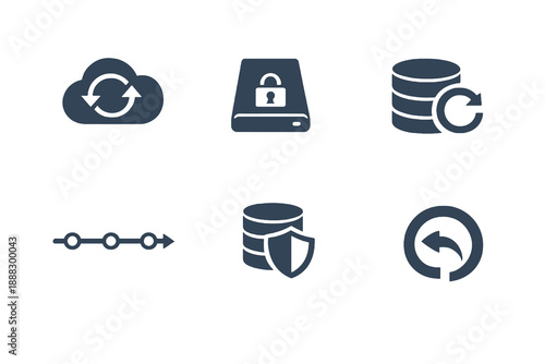 Data backup icon set showing disaster recovery, secure backups, and system restoration. Monochrome vector icons for IT dashboards, SaaS platforms, and enterprise tools.