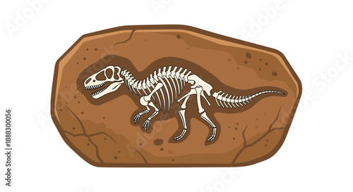 Detailed illustration of a dinosaur skeleton fossil embedded in rock, showcasing paleontological discovery and prehistoric life, ideal for educational and mu...