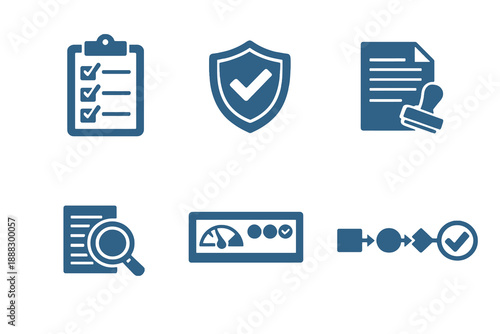 Monochromatic compliance icons illustrating audit workflows and regulatory oversight. Clean flat vector symbols ideal for legal tech, enterprise software, and UI design.