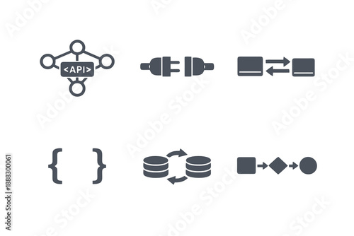API integration icon set showing system connectivity, data exchange, and platform integration. Monochrome vector icons for developer tools, dashboards, and SaaS platforms.