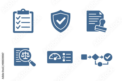 Compliance audit icon set showing regulatory control, audits, and verification processes. Monochrome vector icons for governance dashboards, SaaS platforms, and corporate tools.