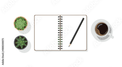 Overhead view of a desk setup with an open notebook, pencil, and coffee cup, alongside potted succulents, creating a calm and productive atmosphere for creat...