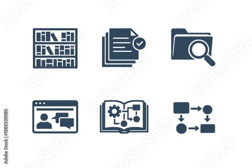Monochromatic documentation icons illustrating company knowledge bases and process organization. Clean flat vector symbols ideal for internal tools, reports, and UI design.