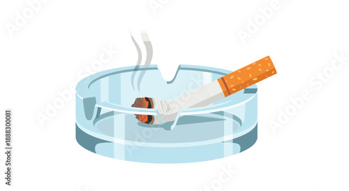 Close-up of a lit cigarette in a glass ashtray, with smoke rising, depicting a moment of smoking and the presence of an ashtray, stylized for visual impact.