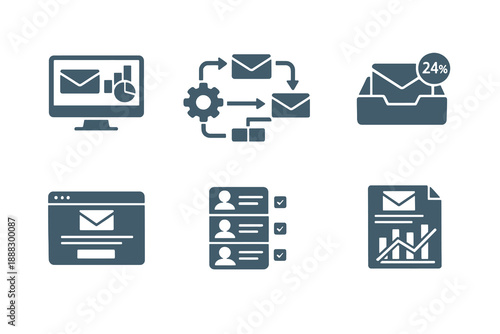 Monochromatic email campaign icons illustrating automated messaging and audience segmentation. Clean flat vector symbols ideal for CRM systems, analytics tools, and UI design.