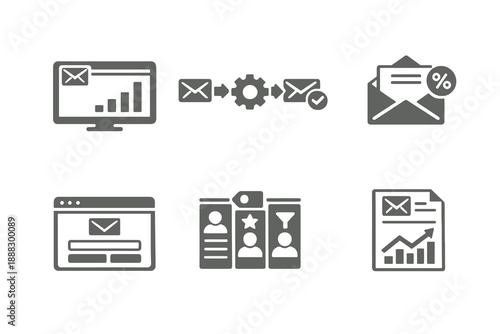 Email marketing icon set showing campaign automation, newsletters, and performance tracking. Monochrome vector icons for marketing dashboards, SaaS tools, and web platforms.