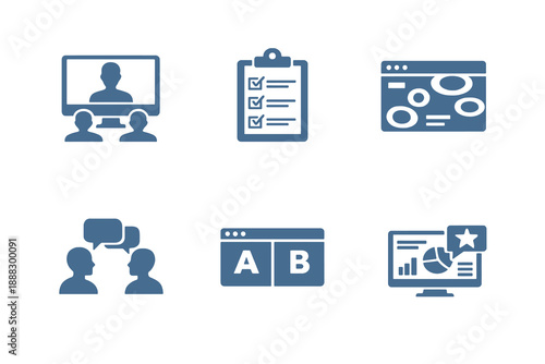 UX research icon set showing user testing, usability analysis, and product feedback. Monochrome vector icons for design teams, dashboards, and SaaS platforms.