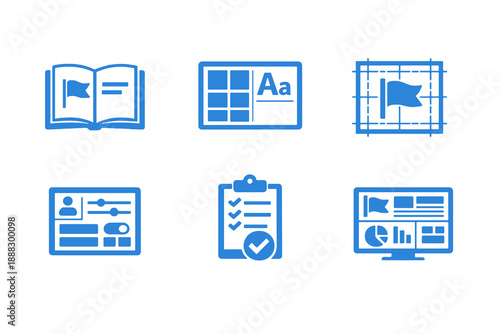 Brand identity icon set showing visual consistency, design systems, and brand guidelines. Monochrome vector icons for design dashboards, SaaS tools, and web platforms.