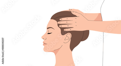 Hands gently massaging a woman's head and temples, conveying relaxation, stress relief, and a soothing spa experience for well-being and rejuvenation.