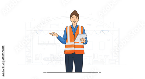 A female engineer in a high-visibility vest and hard hat, holding a tablet and gesturing, standing in a warehouse or factory with industrial equipment in the...