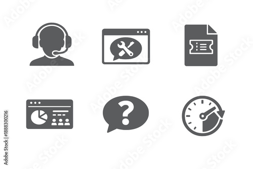 Customer support icon set showing help desk tools, service tickets, and client assistance. Monochrome vector icons for CRM systems, dashboards, and web platforms.