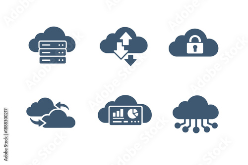 Monochromatic cloud icons illustrating online infrastructure, secure data, and system scalability. Clean flat vector symbols ideal for SaaS products, IT tools, and UI design.
