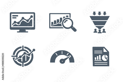 Marketing analytics icon set showing performance tracking, KPIs, and campaign analysis. Monochrome vector icons for dashboards, marketing tools, and business intelligence apps.
