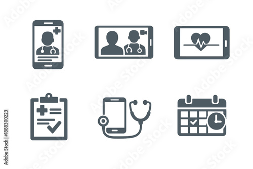Monochromatic telemedicine icons illustrating remote healthcare and online medical support. Clean flat vector symbols ideal for health tech apps, SaaS platforms, and UI design.