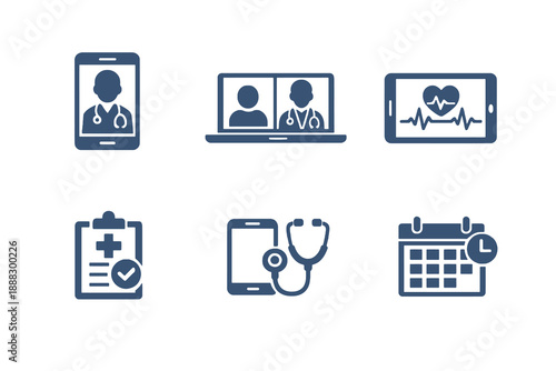 Healthcare icon set showing telemedicine, online consultation, and digital health services. Monochrome vector icons for medical apps, dashboards, and web platforms.