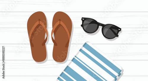 A pair of brown flip-flops, black sunglasses, and a blue and white striped beach towel laid out on a white wooden surface, evoking a sense of summer vacation...