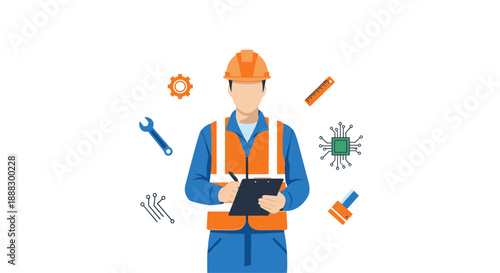 A male engineer wearing a hard hat and safety vest, holding a clipboard and pen, surrounded by various tools and electronic components, representing engineer...