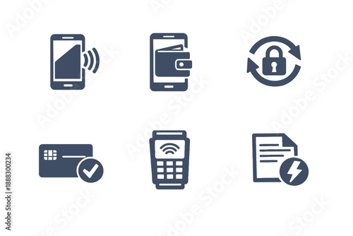 Fintech icon set showing digital payments, mobile wallets, and cashless transactions. Monochrome vector icons for finance apps, dashboards, and modern payment platforms.
