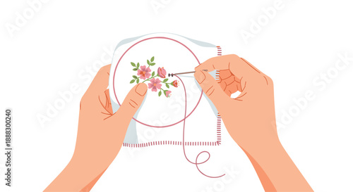 Close-up of hands embroidering a pink floral design on white fabric within a hoop, showcasing the art of needlework, crafting, and delicate handmade creation...