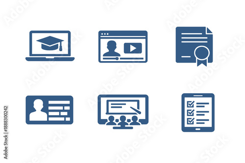 Online education icon set showing e-learning platforms, digital courses, and virtual classrooms. Monochrome vector icons for education apps, dashboards, and web interfaces.