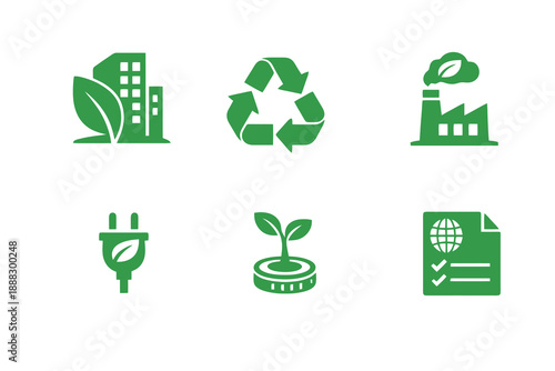 Monochromatic green business icons illustrating sustainability strategy and eco innovation. Clean flat vector symbols ideal for climate apps, analytics tools, and web interfaces.