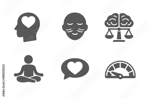 Mental health icon set showing wellbeing, emotional balance, and self care concepts. Monochrome vector icons for wellness apps, health platforms, and modern UI design.