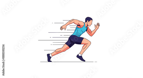 A muscular male athlete in a blue tank top and black shorts, captured in mid-stride during a sprint, with motion lines indicating speed and power, representi...