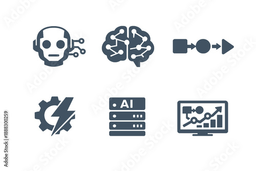 Artificial intelligence icon set showing automation, smart systems, and digital transformation. Monochrome vector icons for SaaS platforms, dashboards, and modern business apps.