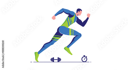 A male athlete in a blue and green racing suit running with intensity, accompanied by a dumbbell and stopwatch, symbolizing dedication to fitness, training, ...