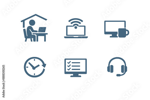 Monochromatic remote work icons illustrating home office setup and flexible work routines. Clean flat vector symbols ideal for SaaS products, UI design, and web interfaces.