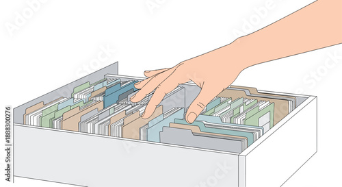 Hand reaching into a filing cabinet filled with organized folders, document management, information retrieval, archival system, office supplies, data organiz...