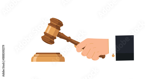 Close-up of a hand in a suit holding a wooden gavel above a sounding block, representing justice, law, auction, legal proceedings, court, judgment, decision,...