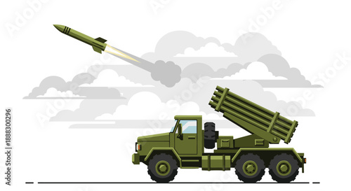Military truck with a rocket launcher firing a missile into a cloudy sky, representing warfare, defense, attack, military technology, army equipment, missile...