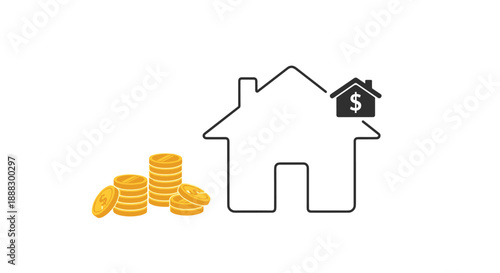 Outline of a house with a dollar sign on top, next to a stack of gold coins, symbolizing real estate value, home affordability, housing costs, property inves...