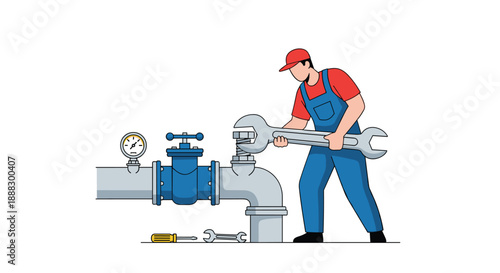 Skilled plumber in uniform with a large wrench expertly repairs industrial pipes and valves, with a pressure gauge indicating system status, emphasizing main...