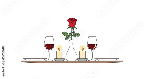Intimate romantic table setting with two wine glasses, a red rose in a vase, and candles, ideal for a quiet dinner for two, conveying love and affection.