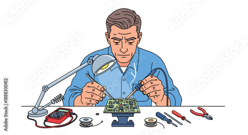 Focused technician soldering a circuit board under a desk lamp, with electronic components, tools, and a multimeter nearby, representing electronics repair a...