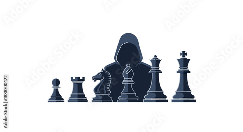 Dark hooded figure silhouetted behind a lineup of chess pieces including a pawn, rook, knight, bishop, queen, and king, symbolizing strategy, mystery, and a ...