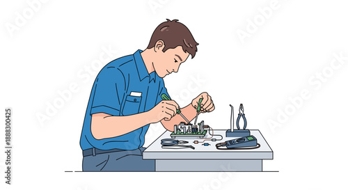 Young man carefully working on electronic components with tools and a soldering iron, illuminated by a desk lamp, showcasing precision engineering and techni...