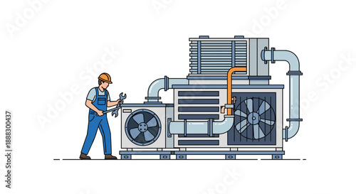 Professional HVAC technician in uniform performing maintenance on a large industrial air conditioning unit with fans and pipes, emphasizing repair and servic...