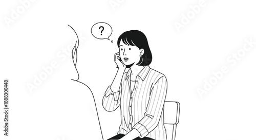 A woman on the phone looking confused with a question mark bubble, illustrating a problem or uncertainty in communication or a difficult situation.